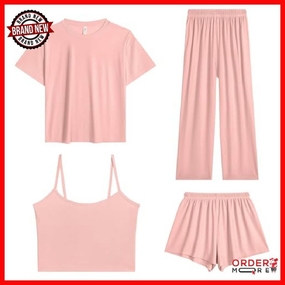 Ice Silk Pajama Set 4-Piece Lounge Sleepwear Women's S-M-L-XL - Picture 2 of 7